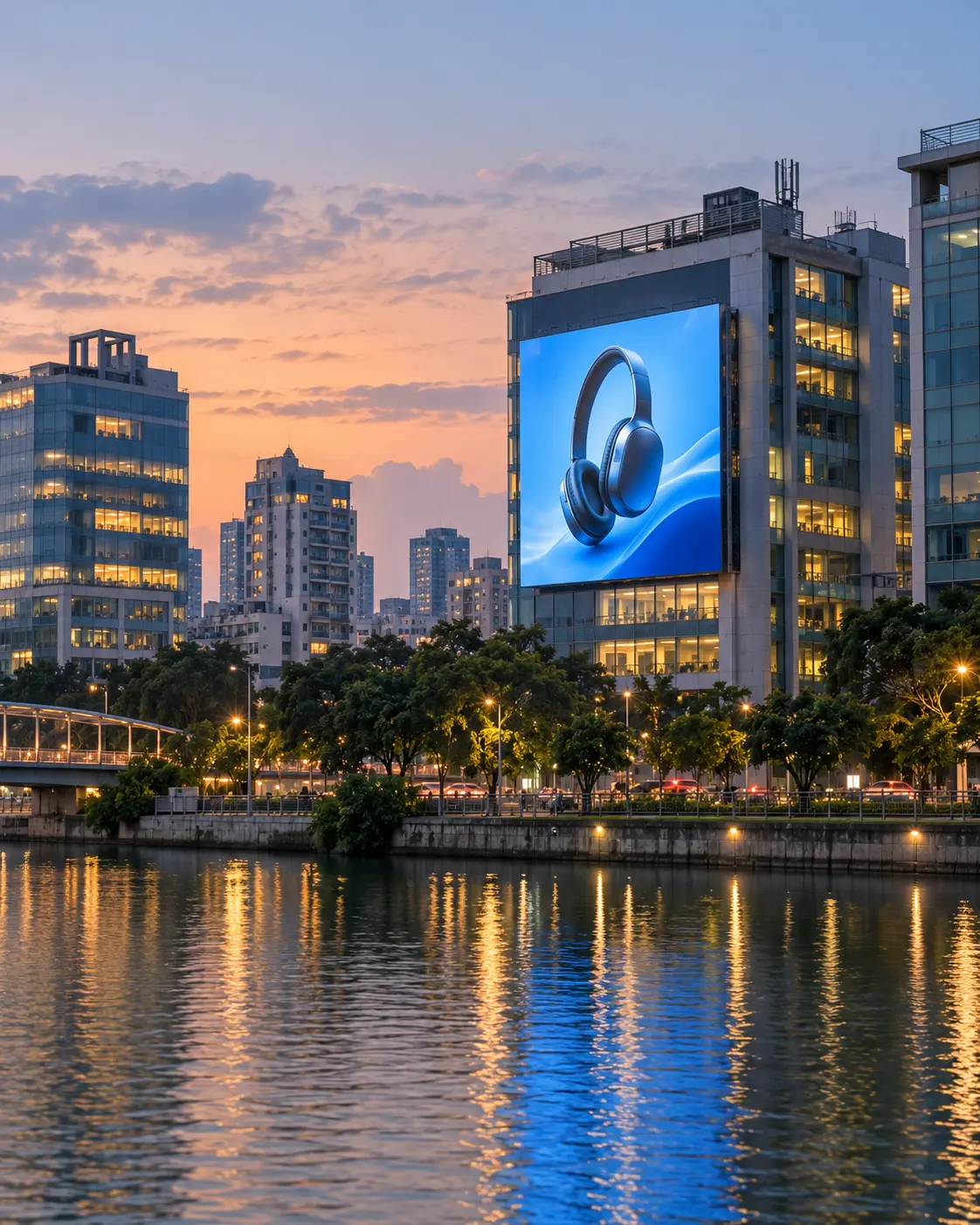 Dhaka waterfront skyline with an outdoor LED display