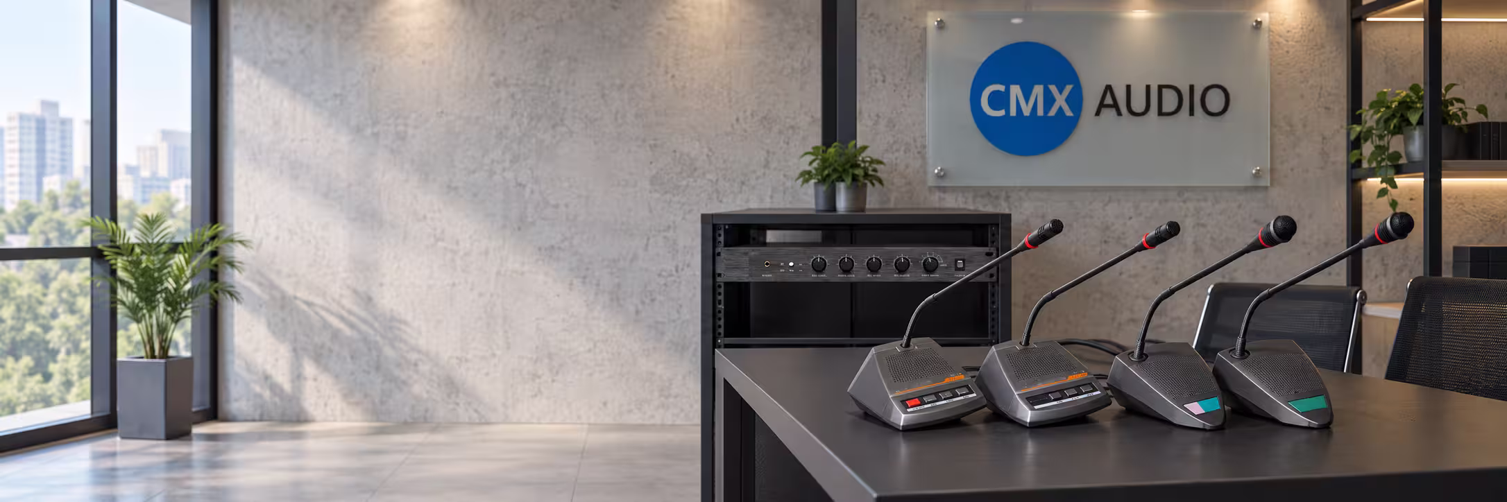 CMX conference microphones and control equipment in an AV demonstration room