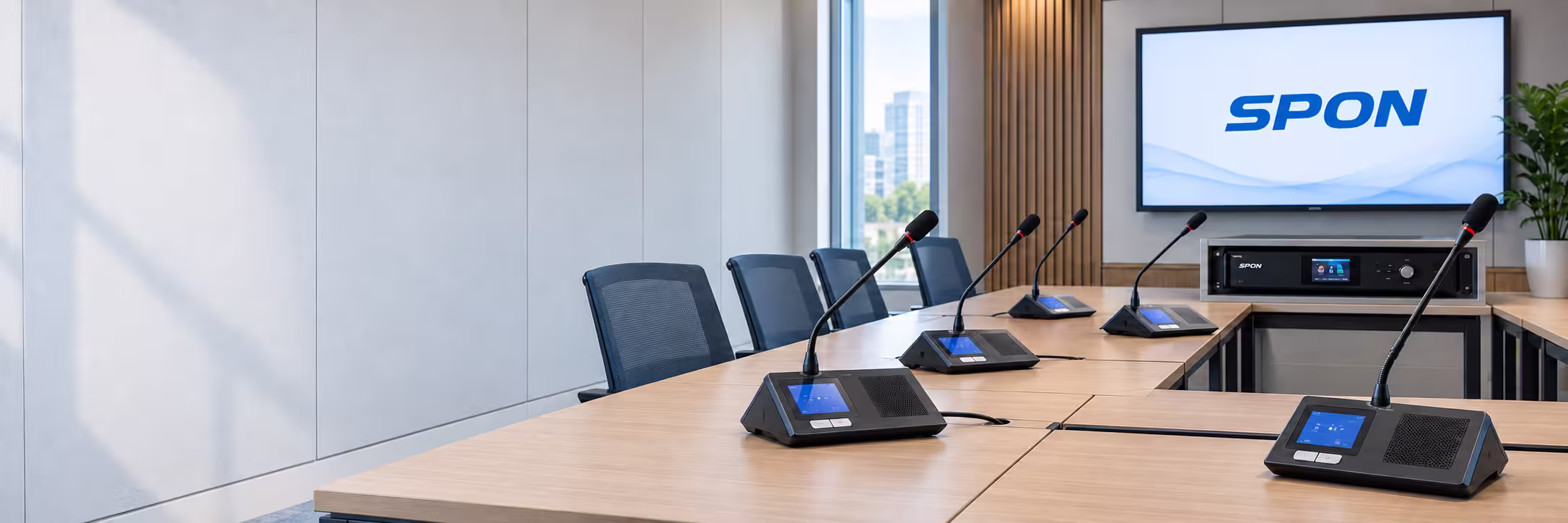 SPON conference microphones and control equipment in a meeting room