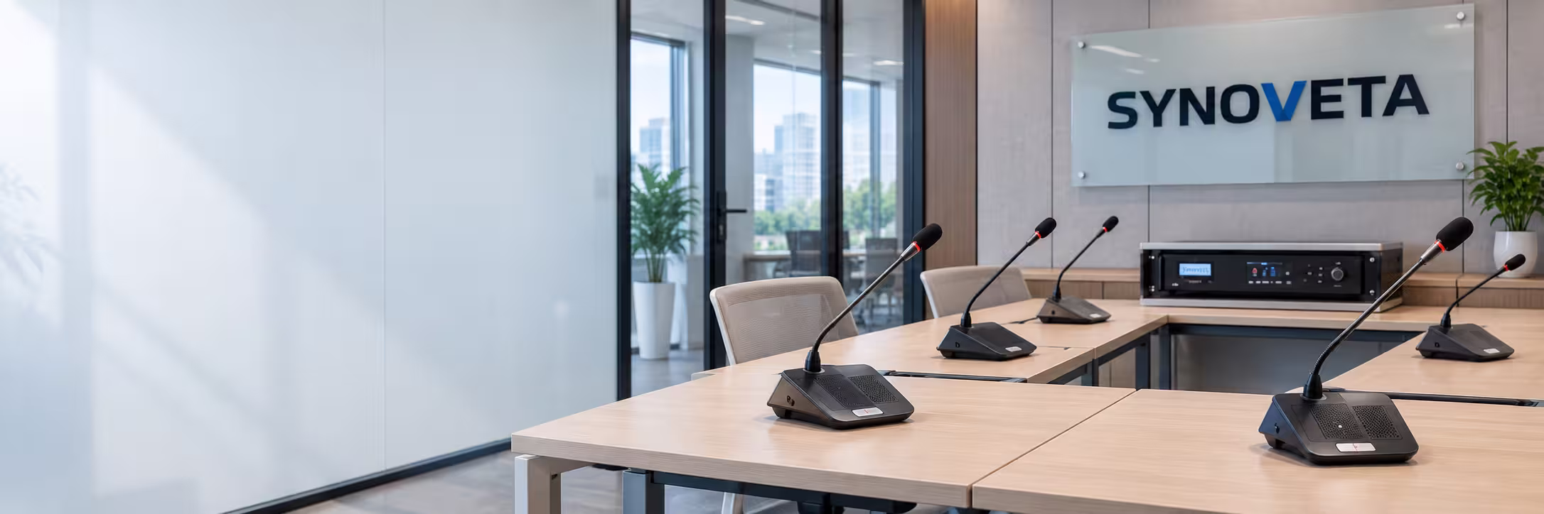 Synoveta conference microphones and control equipment in a meeting room