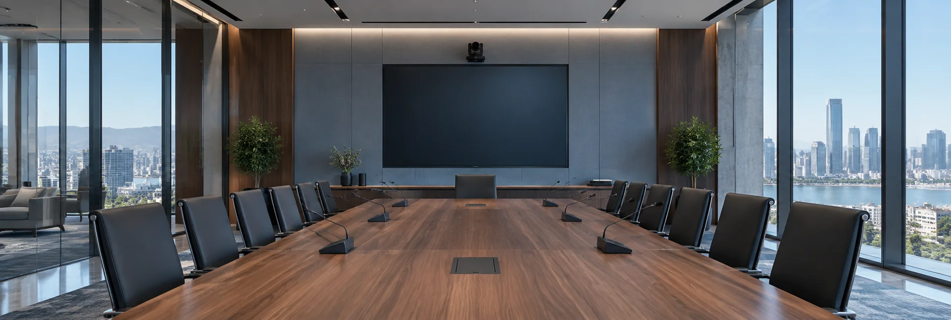 Premium conference room with professional discussion microphones and a PTZ camera