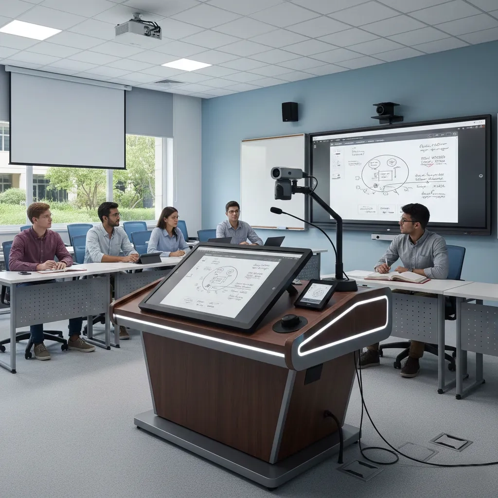 Digital podium in smart classroom with projector and interactive flat panel integration