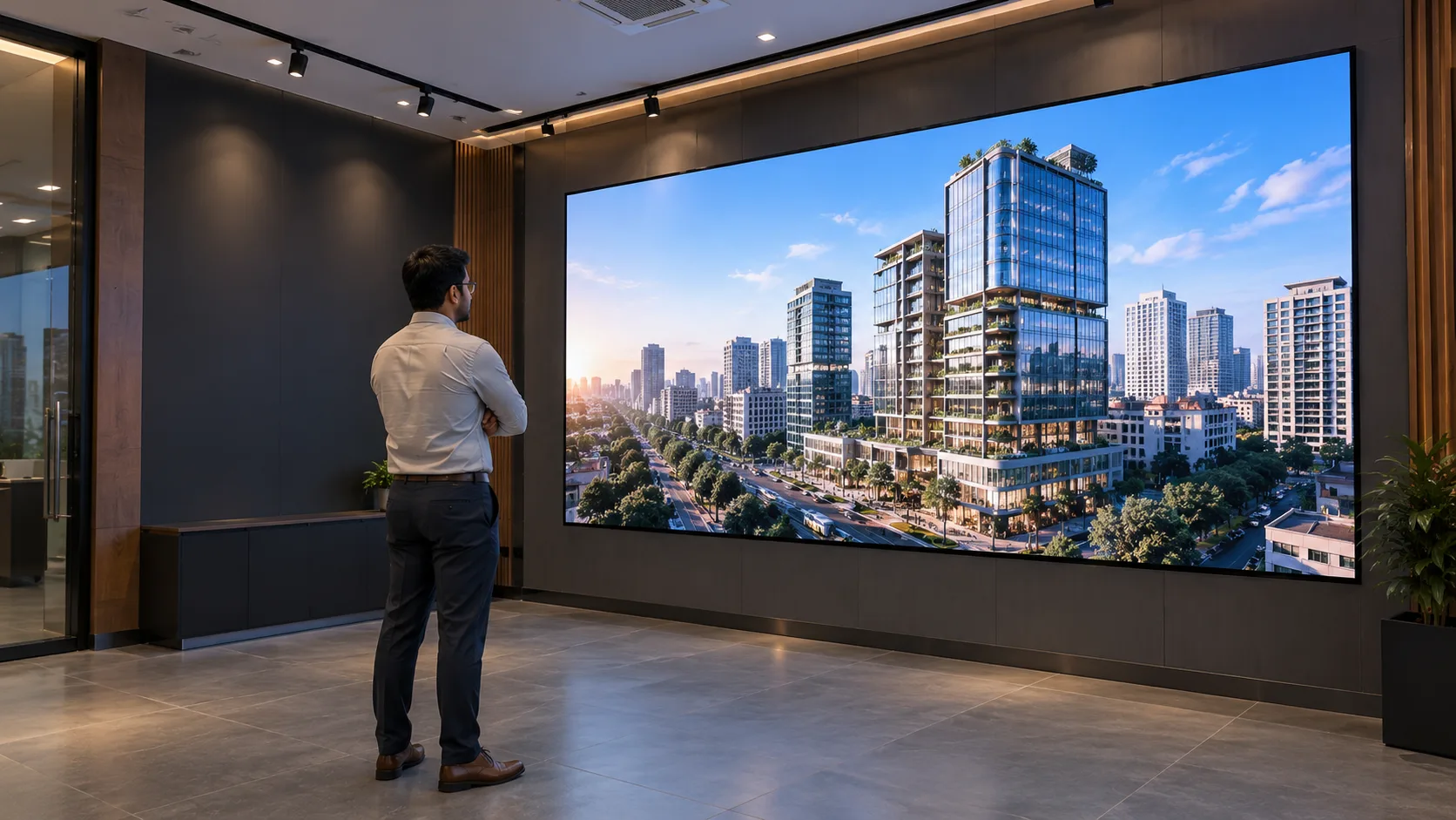 A business professional evaluating an indoor LED video wall
