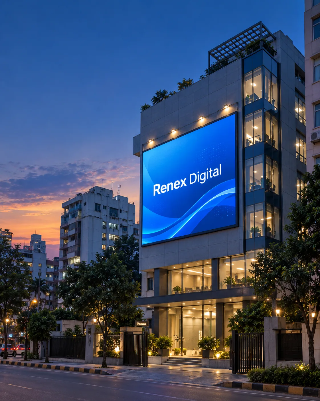 Illustrative commercial building with a Renex Digital LED facade display