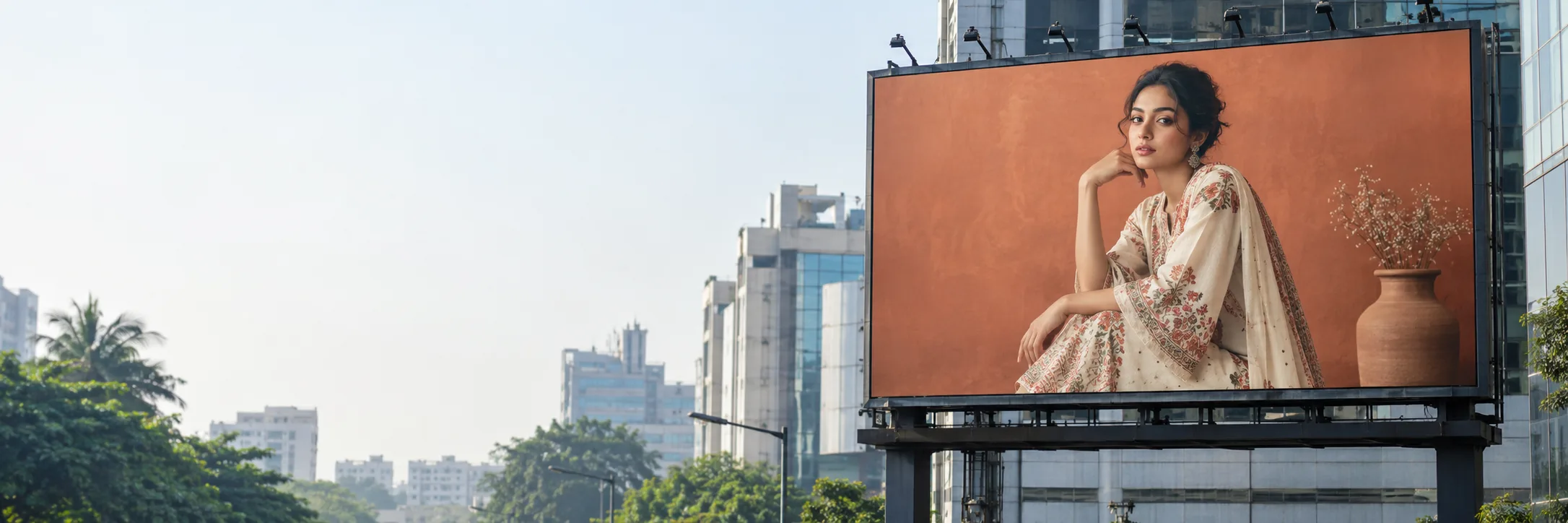 Large outdoor LED billboard showing a fashion campaign in a Dhaka commercial area