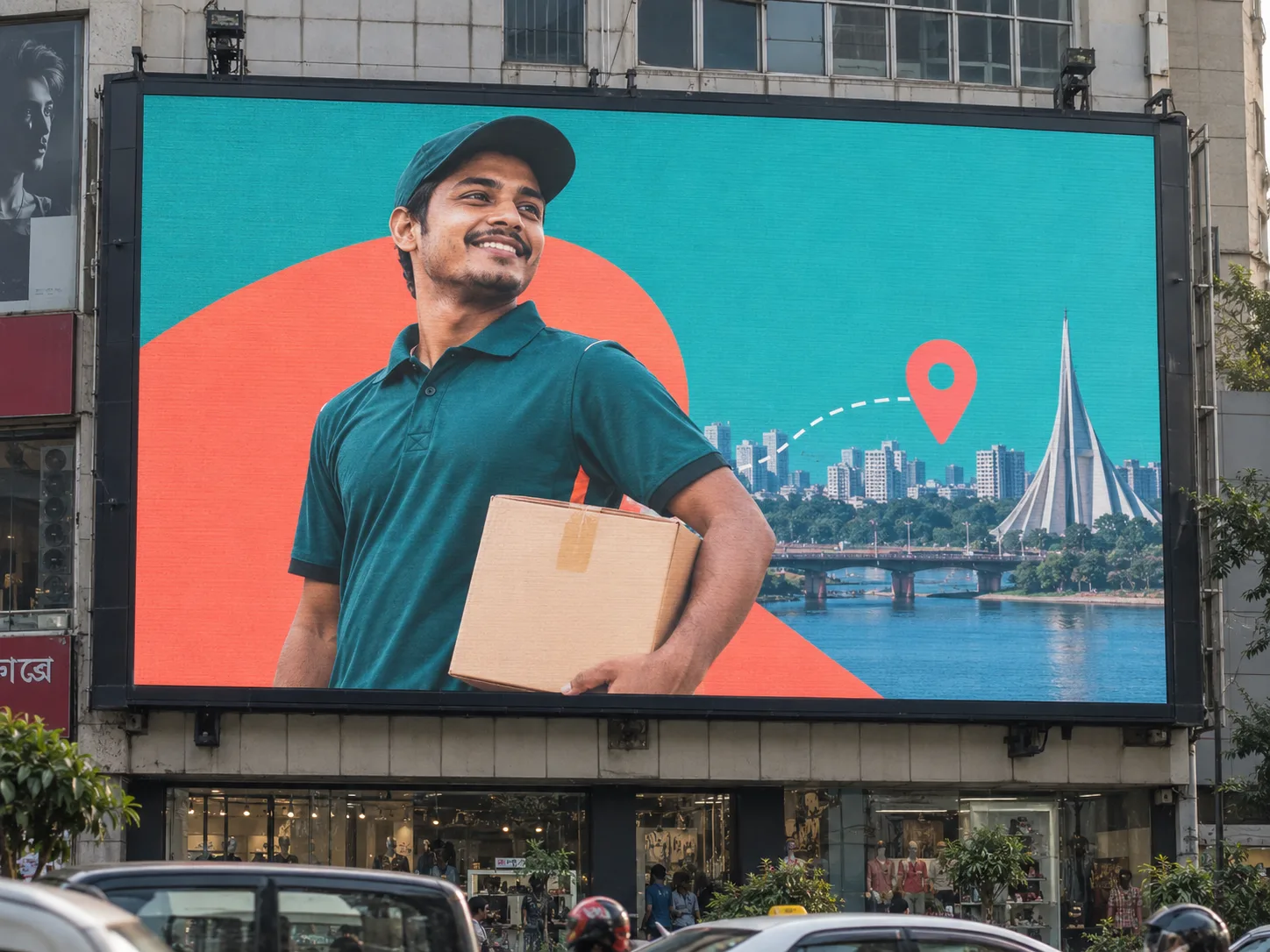 Commercial facade LED billboard displaying a delivery campaign
