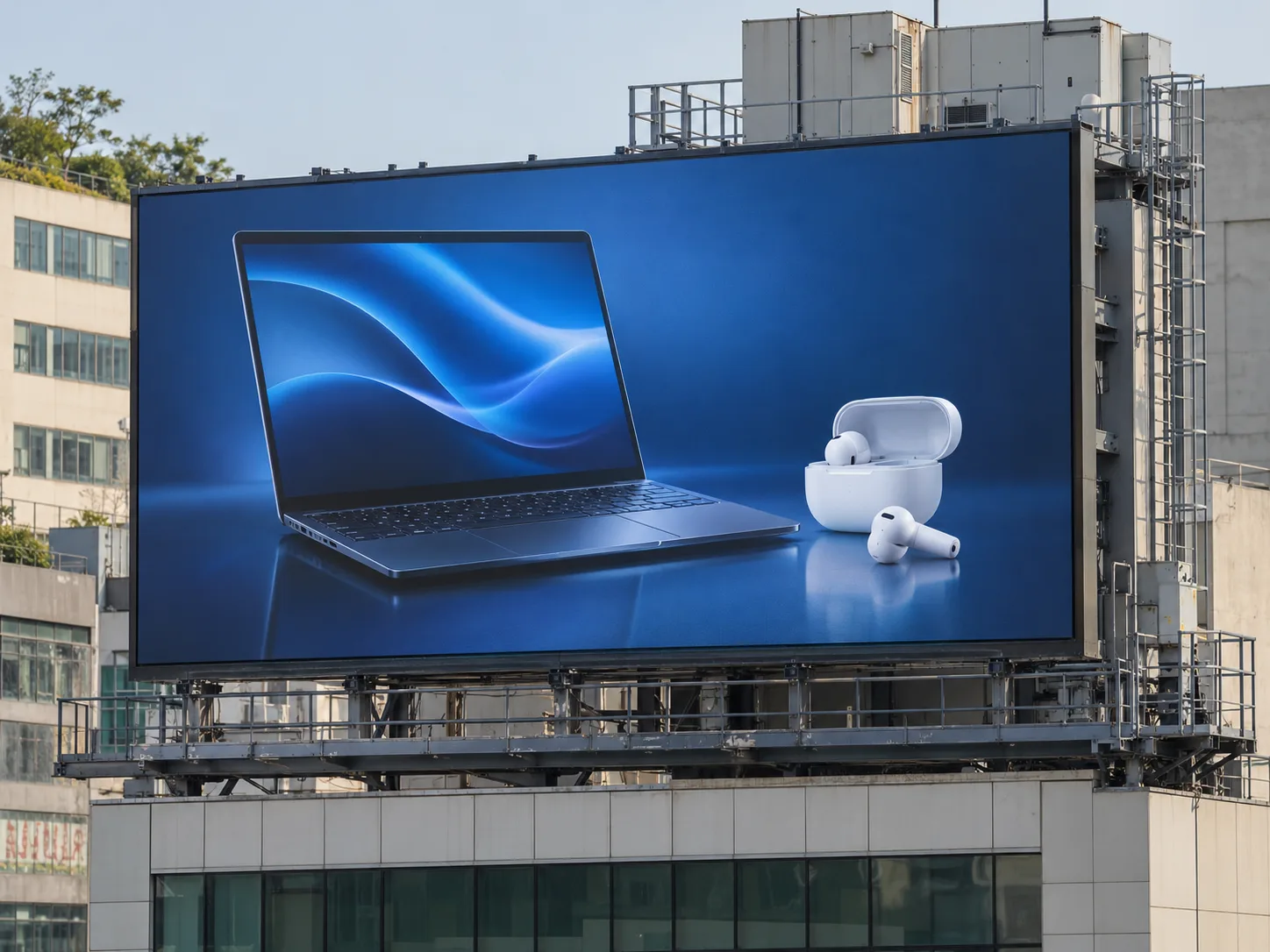 Rooftop LED billboard with service access displaying an electronics campaign