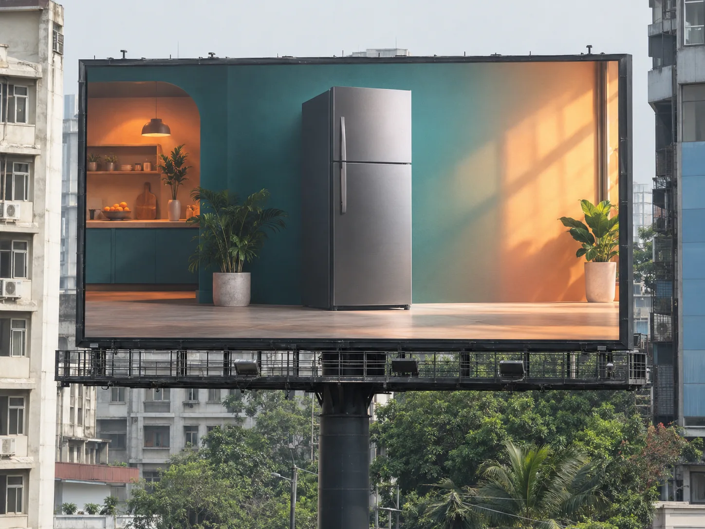 Outdoor LED billboard displaying a home appliance campaign with visible support structure
