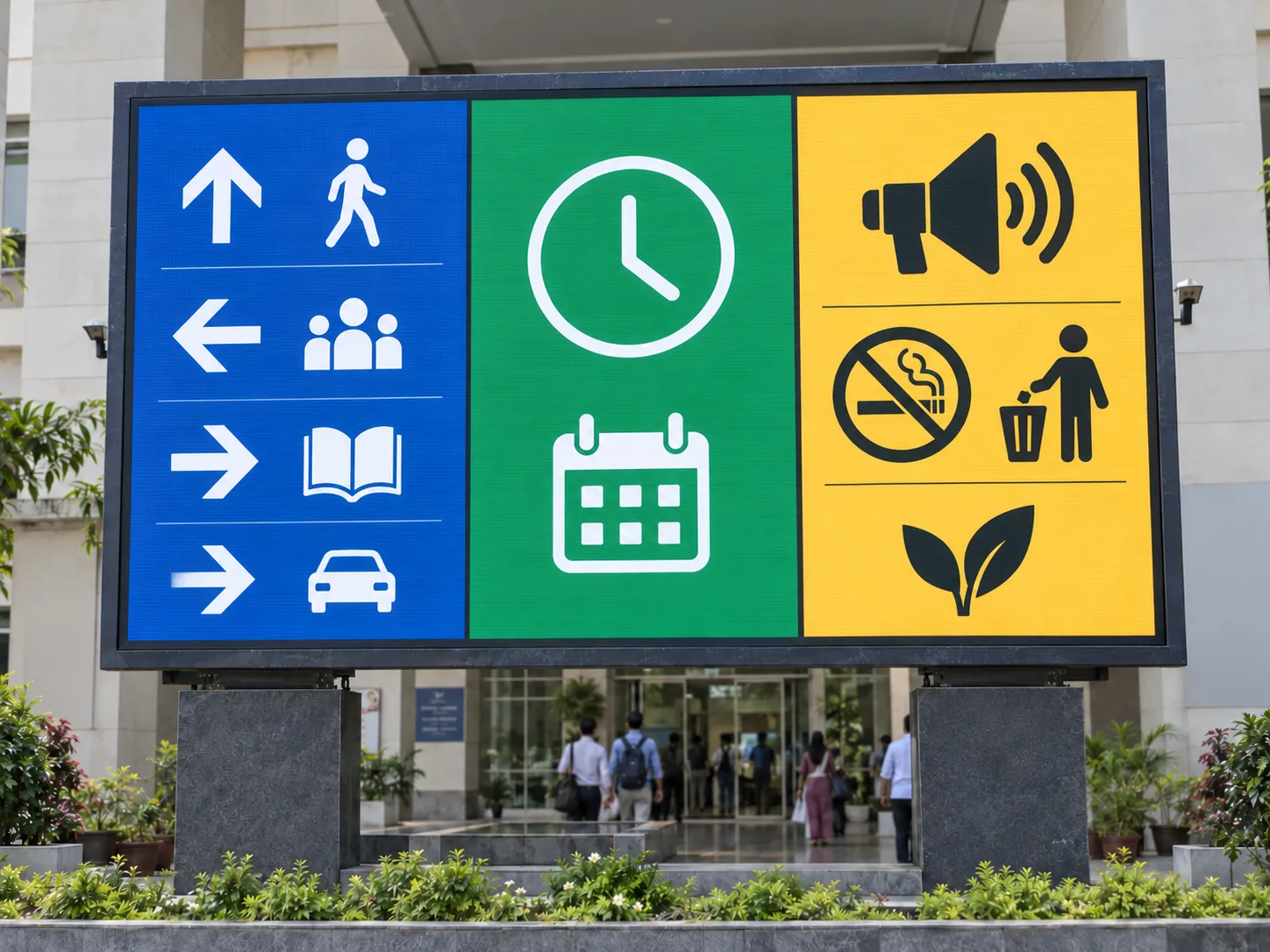 Outdoor LED billboard showing public information outside an institutional building