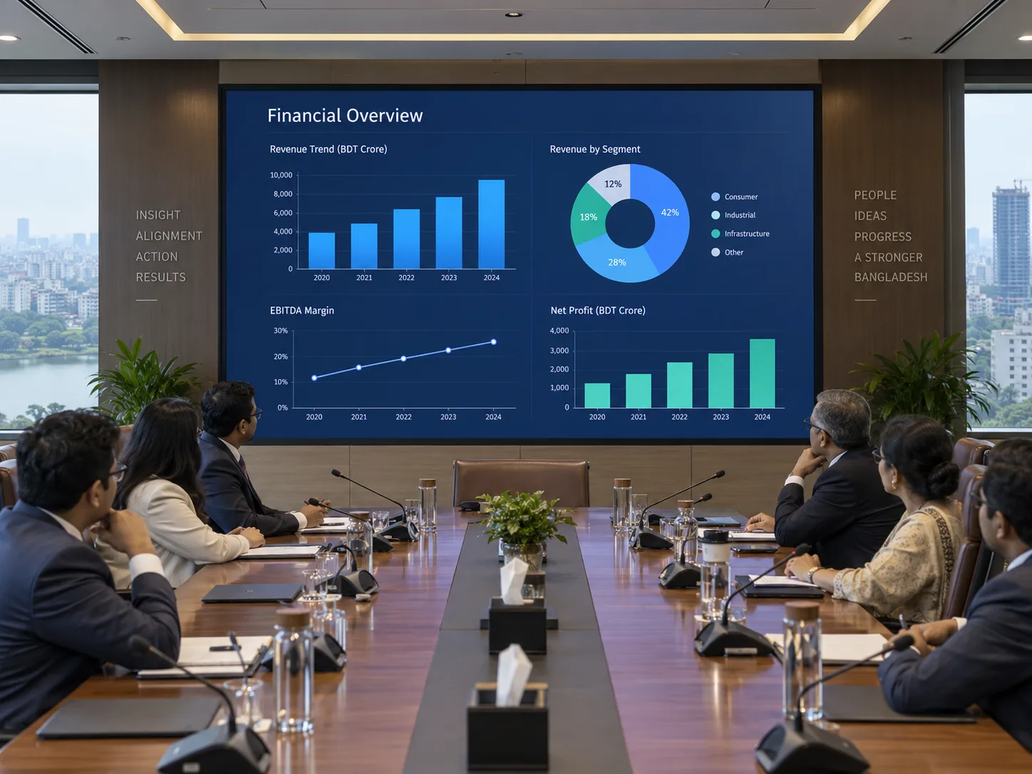LED wall displaying a dashboard in an executive boardroom
