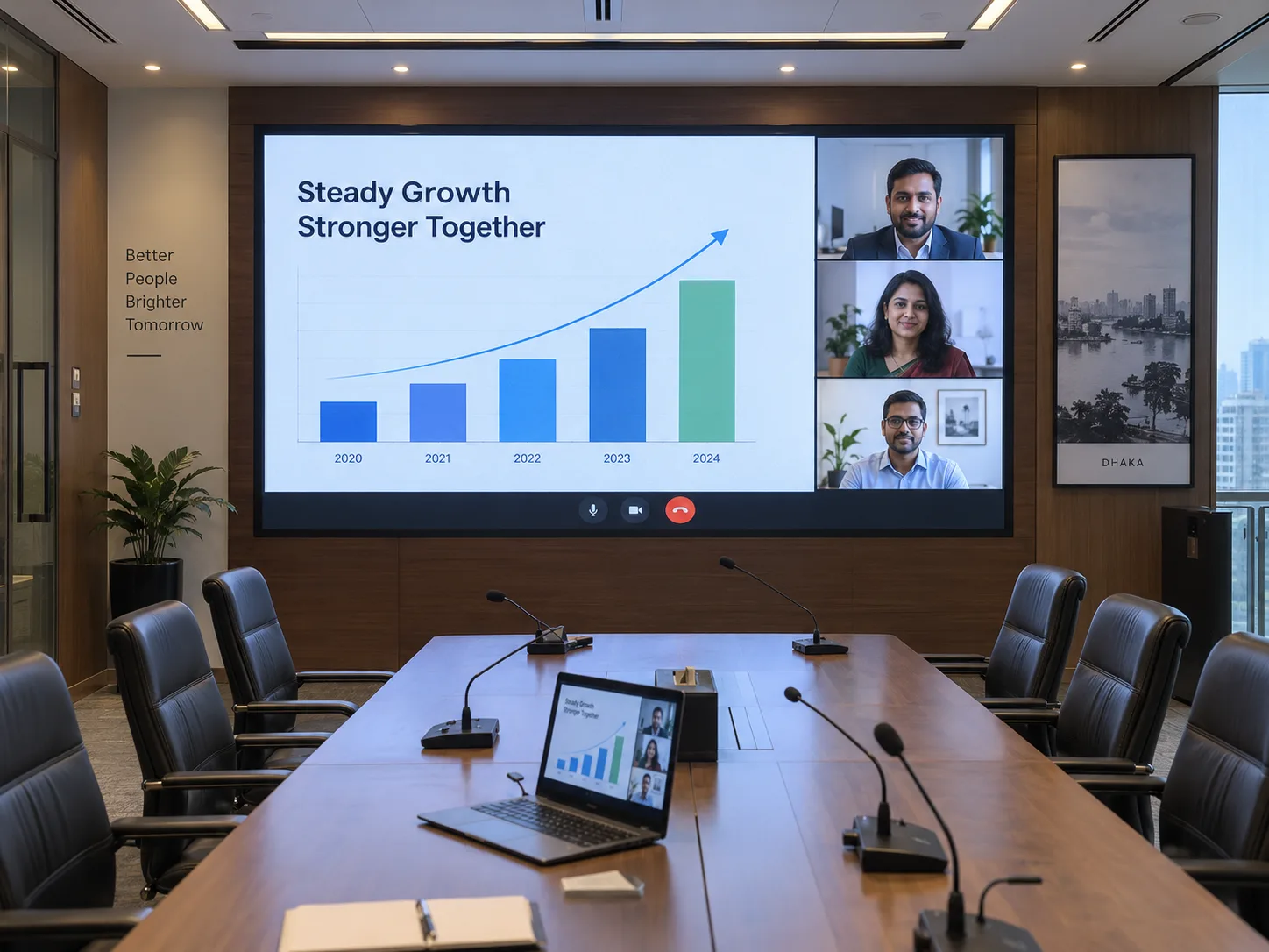 Fine-pitch LED wall showing a presentation in a corporate boardroom