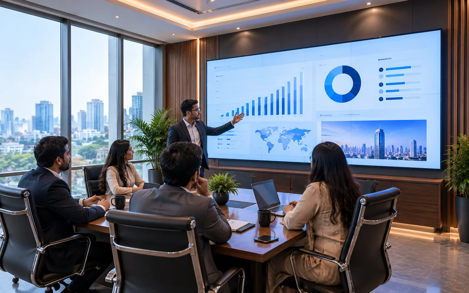 Corporate meeting room using an indoor LED display for executive presentations