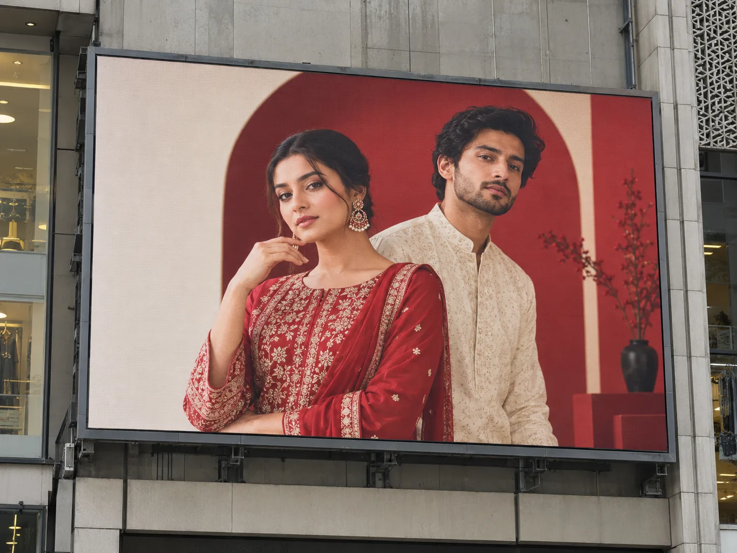 Outdoor LED display mounted on a commercial building facade with a fashion campaign