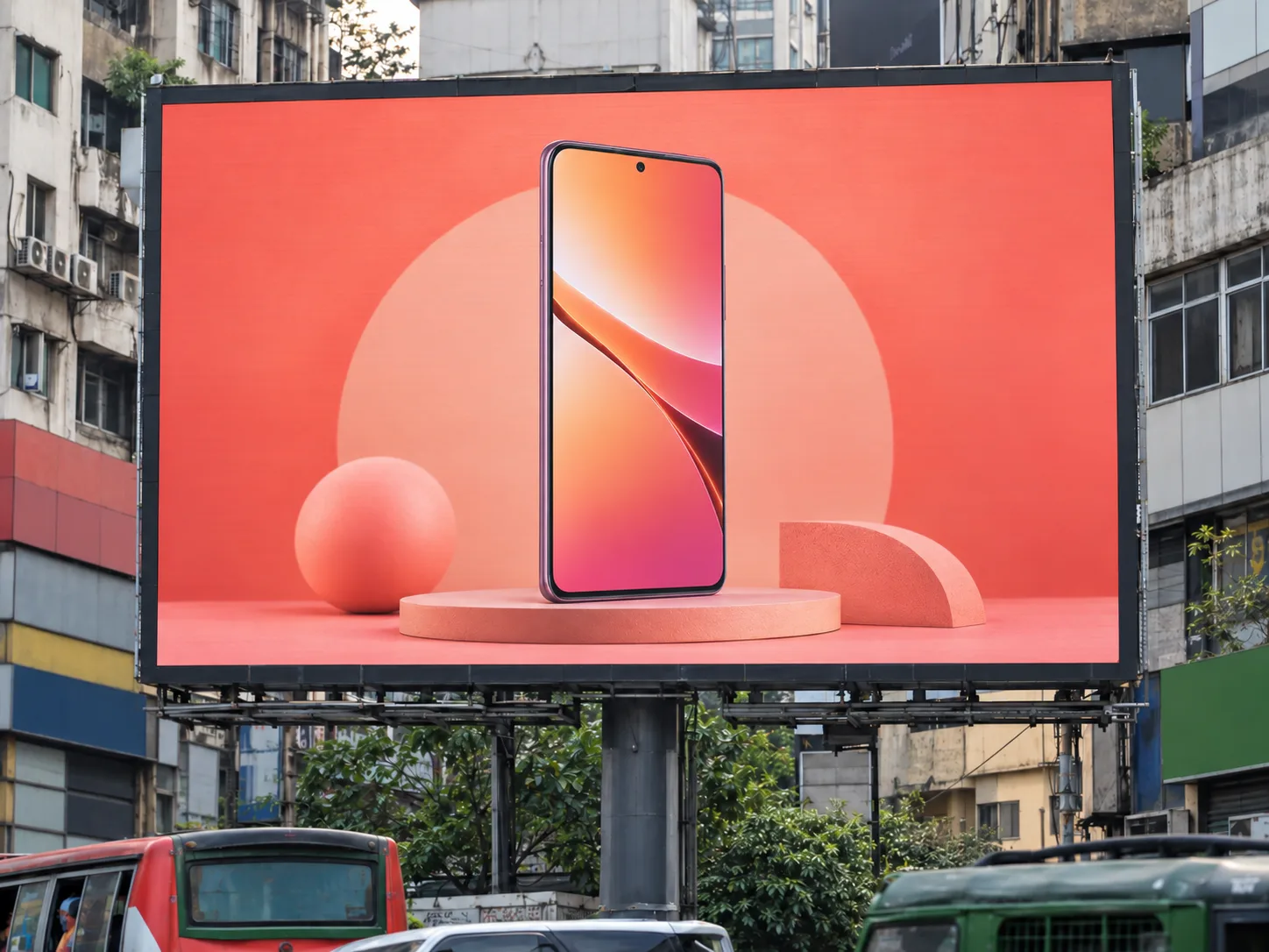 Outdoor LED billboard displaying a smartphone campaign above a busy Dhaka road