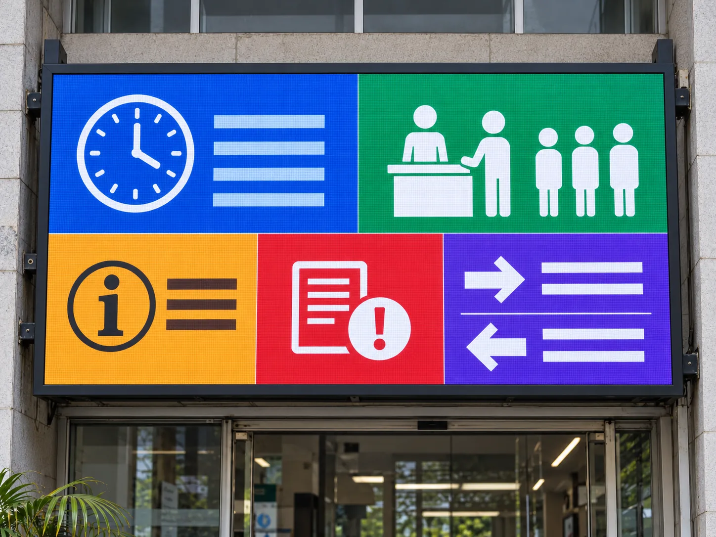 Outdoor LED information screen above the entrance of an institutional building
