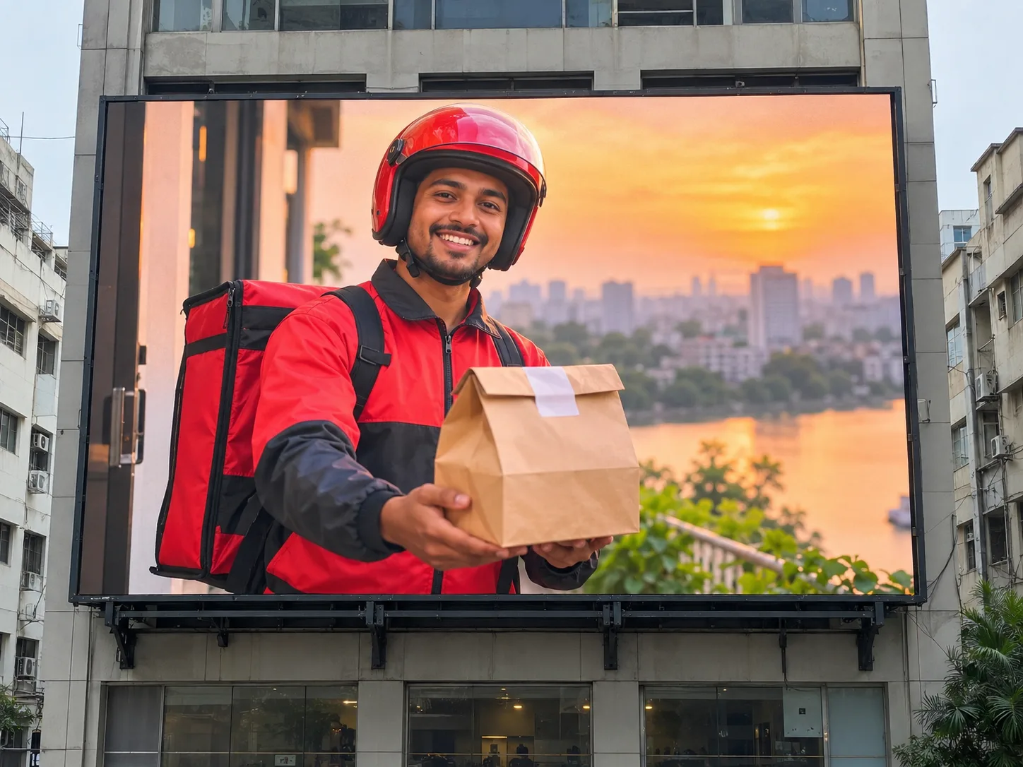 Outdoor LED billboard on a commercial building displaying a delivery campaign