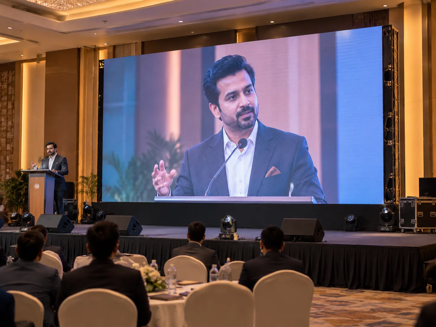 Rental LED screen showing a presenter at a corporate conference