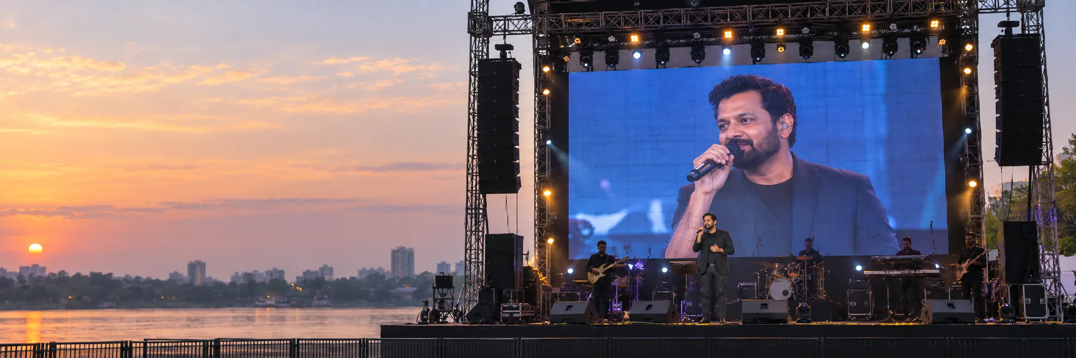 Rental LED screen showing a live singer on an outdoor event stage