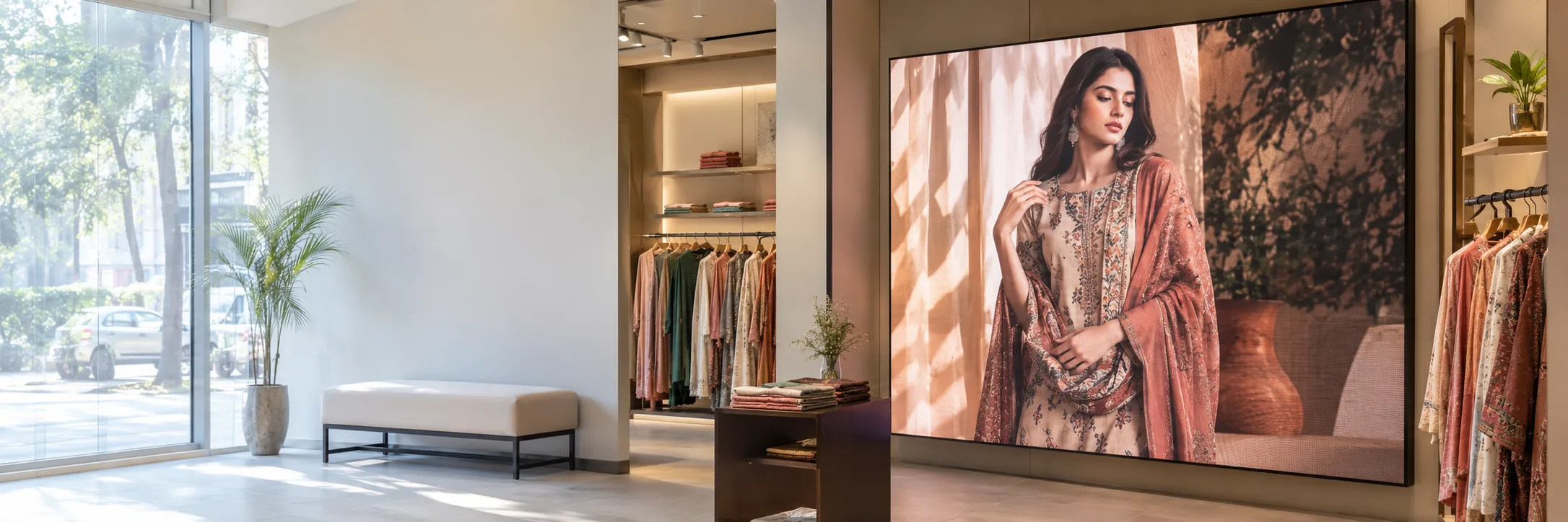 LED wall showing a fashion campaign in a retail shop