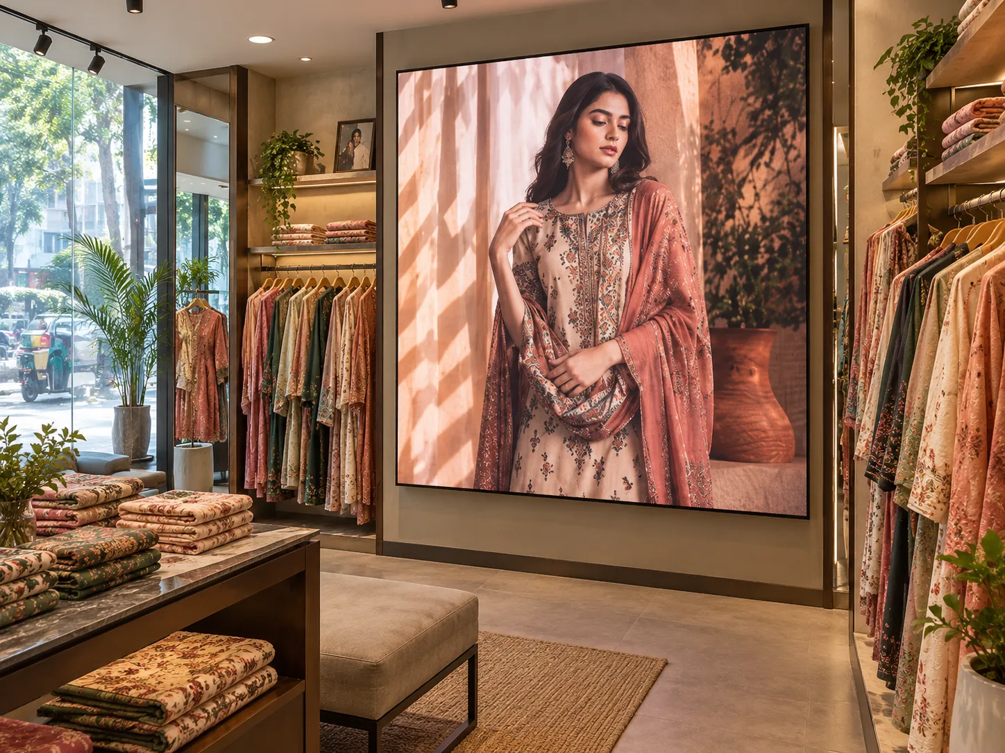 LED display promoting clothing inside a Dhaka retail shop
