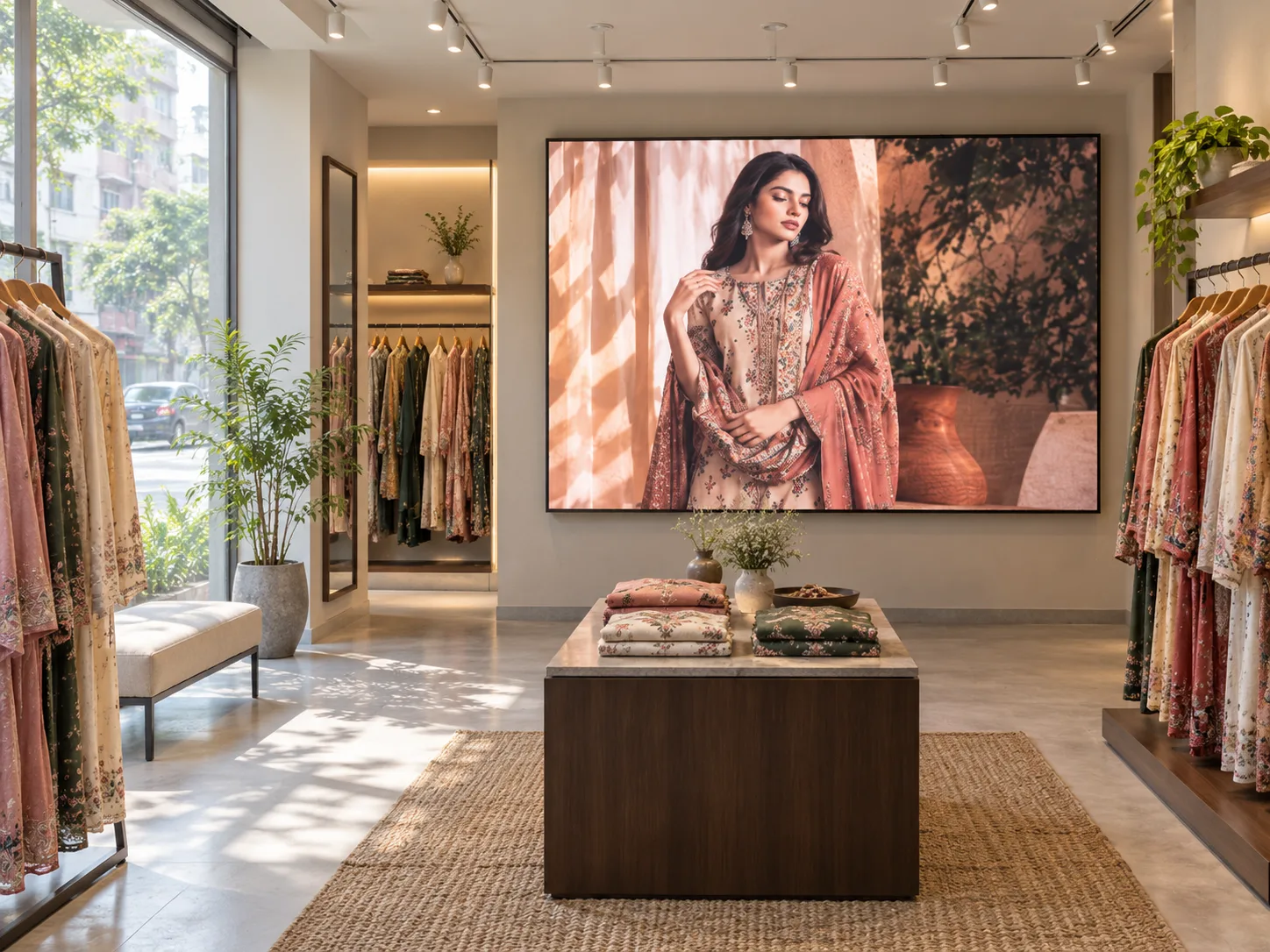 LED display showing an apparel campaign in a fashion boutique