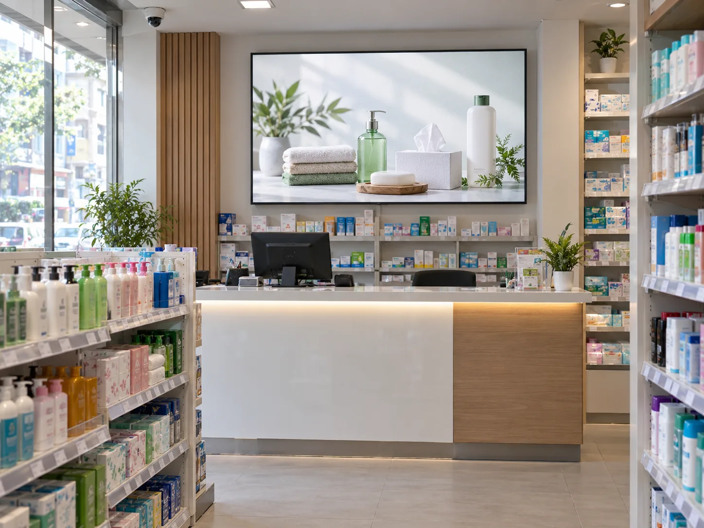 LED display promoting personal care products inside a pharmacy
