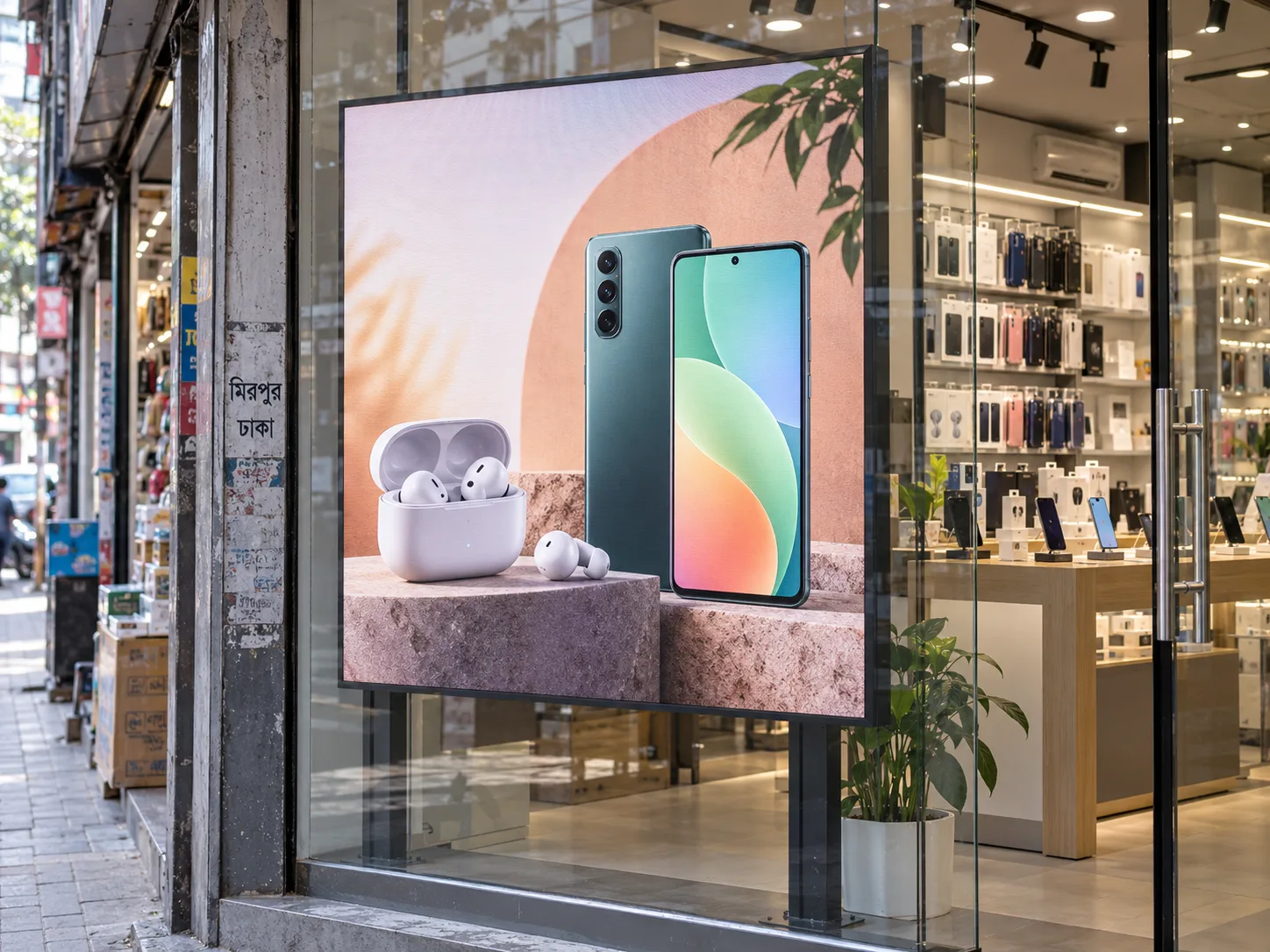 LED display promoting electronics at a shop storefront