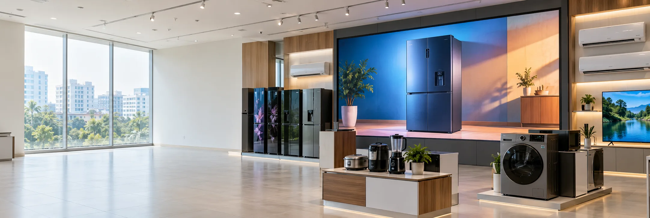 Large LED wall displaying a home appliance campaign in a showroom