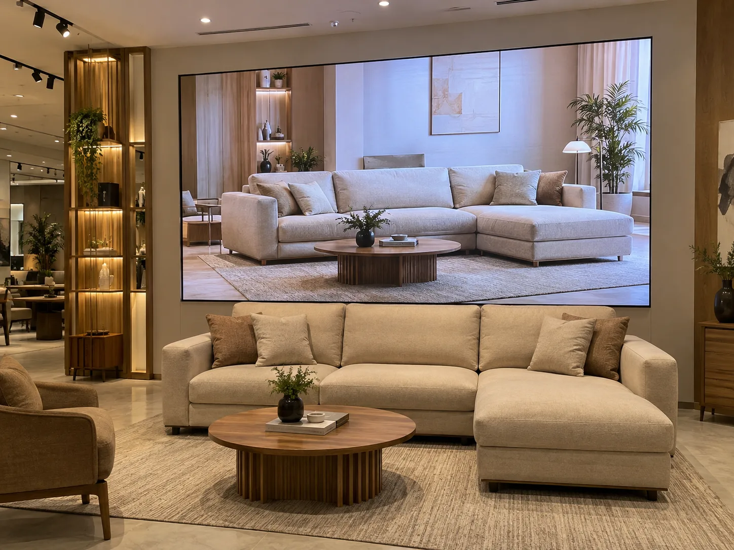 Indoor LED wall displaying a sofa in a furniture showroom