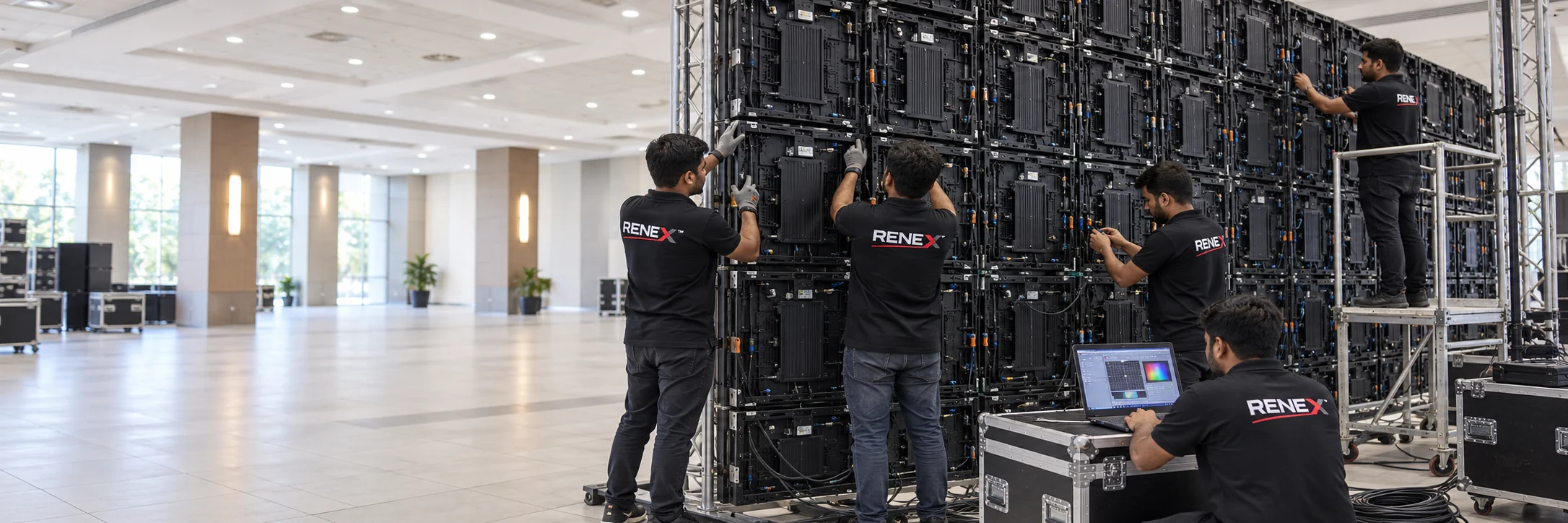 Renex-branded installation team assembling and configuring a modular LED display