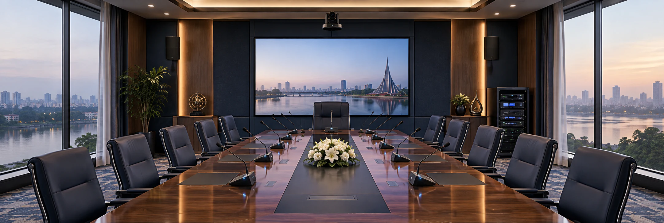 Bank & Financial conference room AV setup with display, microphones, PTZ camera and controller