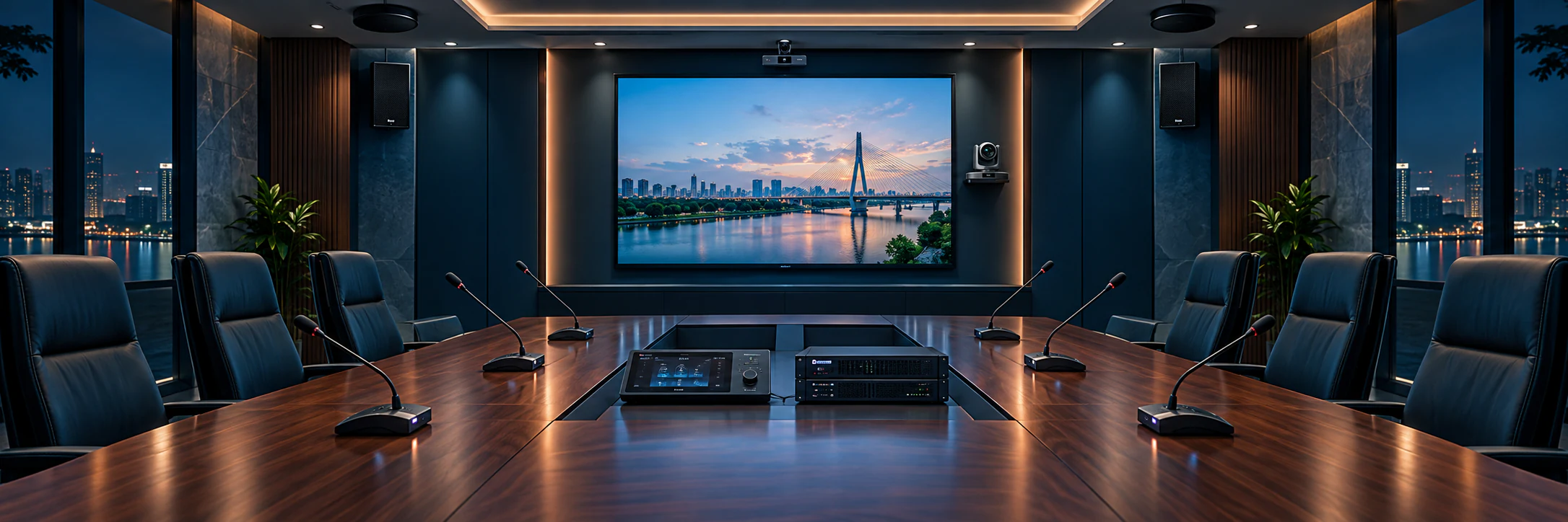 Corporate conference room AV setup with display, microphones, PTZ camera and controller