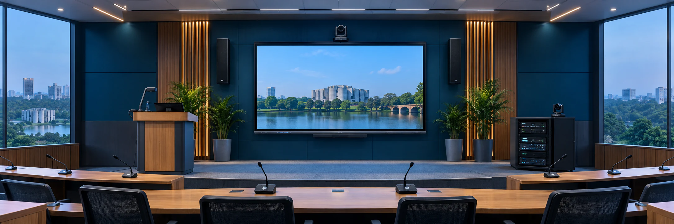 Education conference room AV setup with display, microphones, PTZ camera and controller