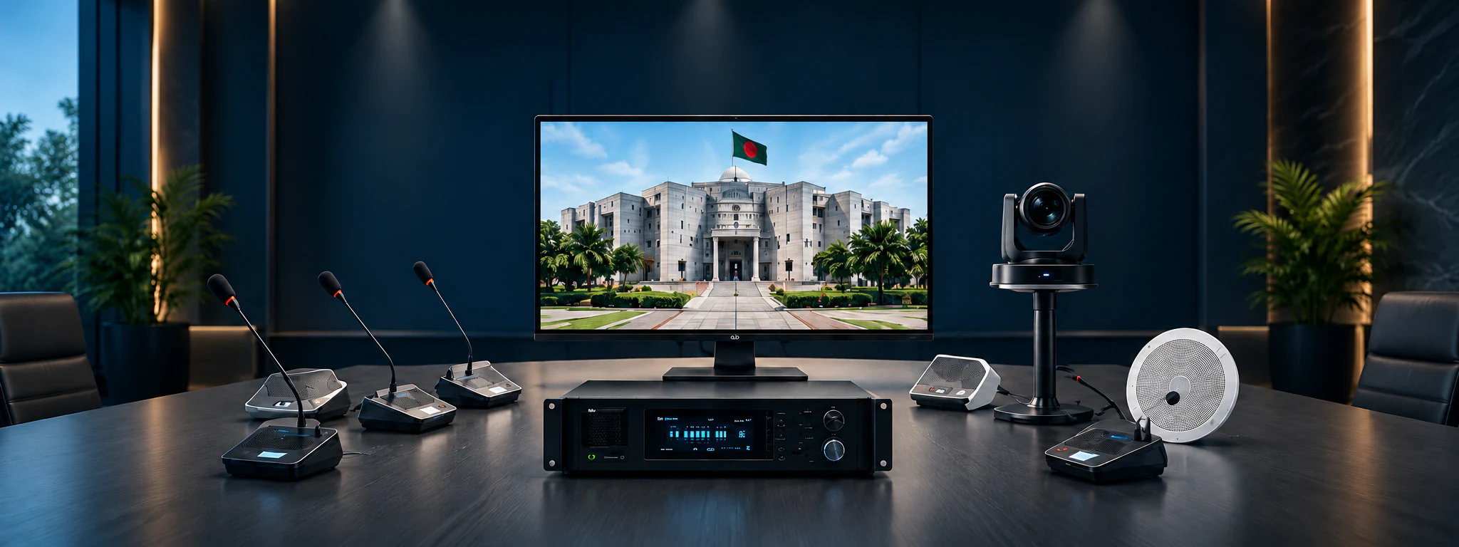Government conference room AV setup with display, microphones, PTZ camera and controller