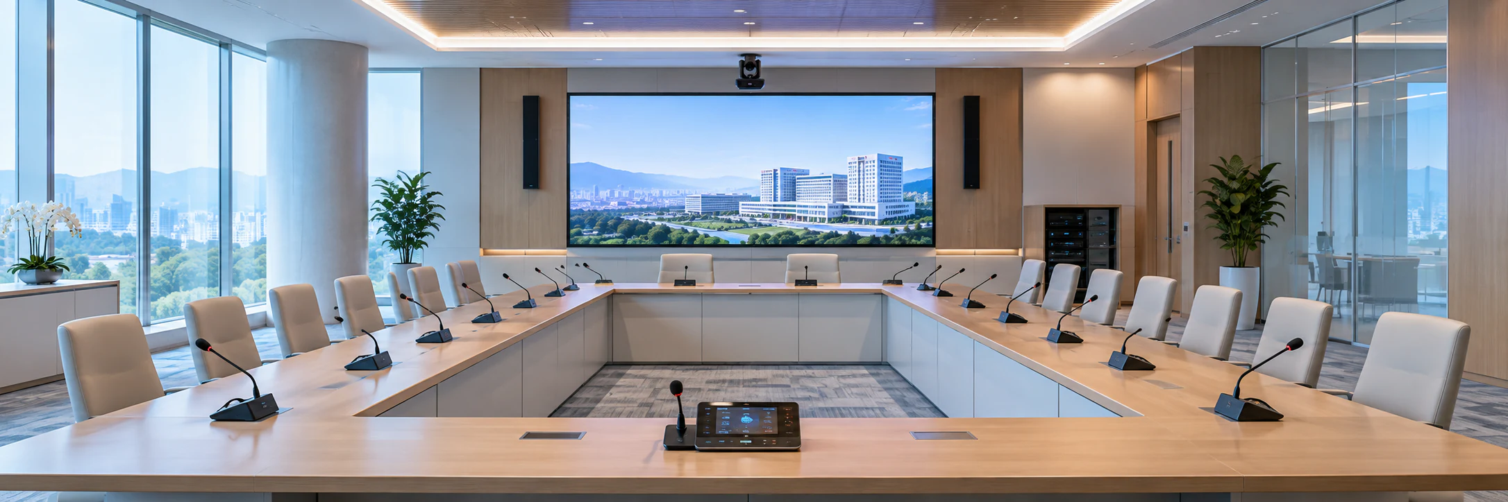 Hospital & Healthcare conference room AV setup with display, microphones, PTZ camera and controller