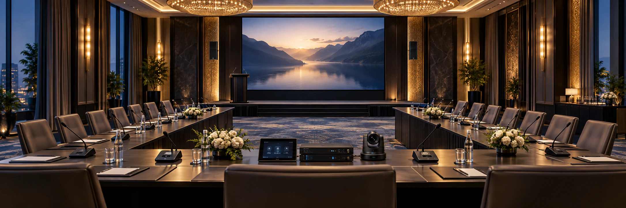 Hotel & Hospitality conference room AV setup with display, microphones, PTZ camera and controller